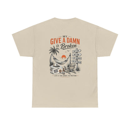 T-Shirt — “Too Old to Care” / “My Give a Damn is Broken” Vintage Beach Graphic Tee