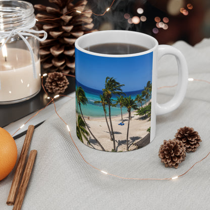 Barbados Beach Palm Trees Coffee Mug — Tropical Ocean Panorama Ceramic Mug (11oz & 15oz)