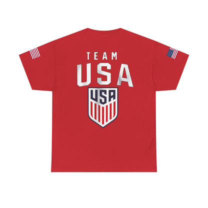 Team USA Flag T‑Shirt — Patriotic Navy Tee with Back Shield Logo