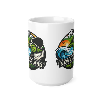 New Zealand Scenic Badge Ceramic Mug — Kiwi, Fern & Ocean Coffee Cup (11oz/15oz)