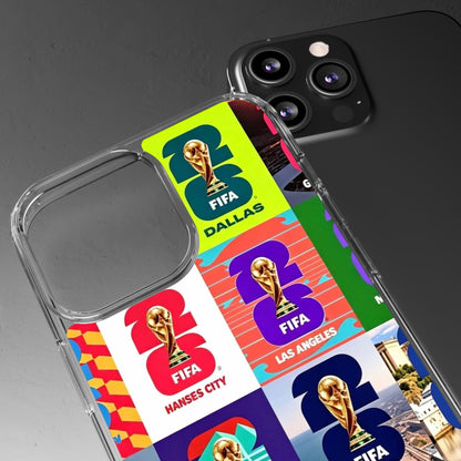 FIFA World Cup Pop Art Clear Phone Case — City Badge Collage (Dallas, LA, Monterrey, Toronto, Seattle)