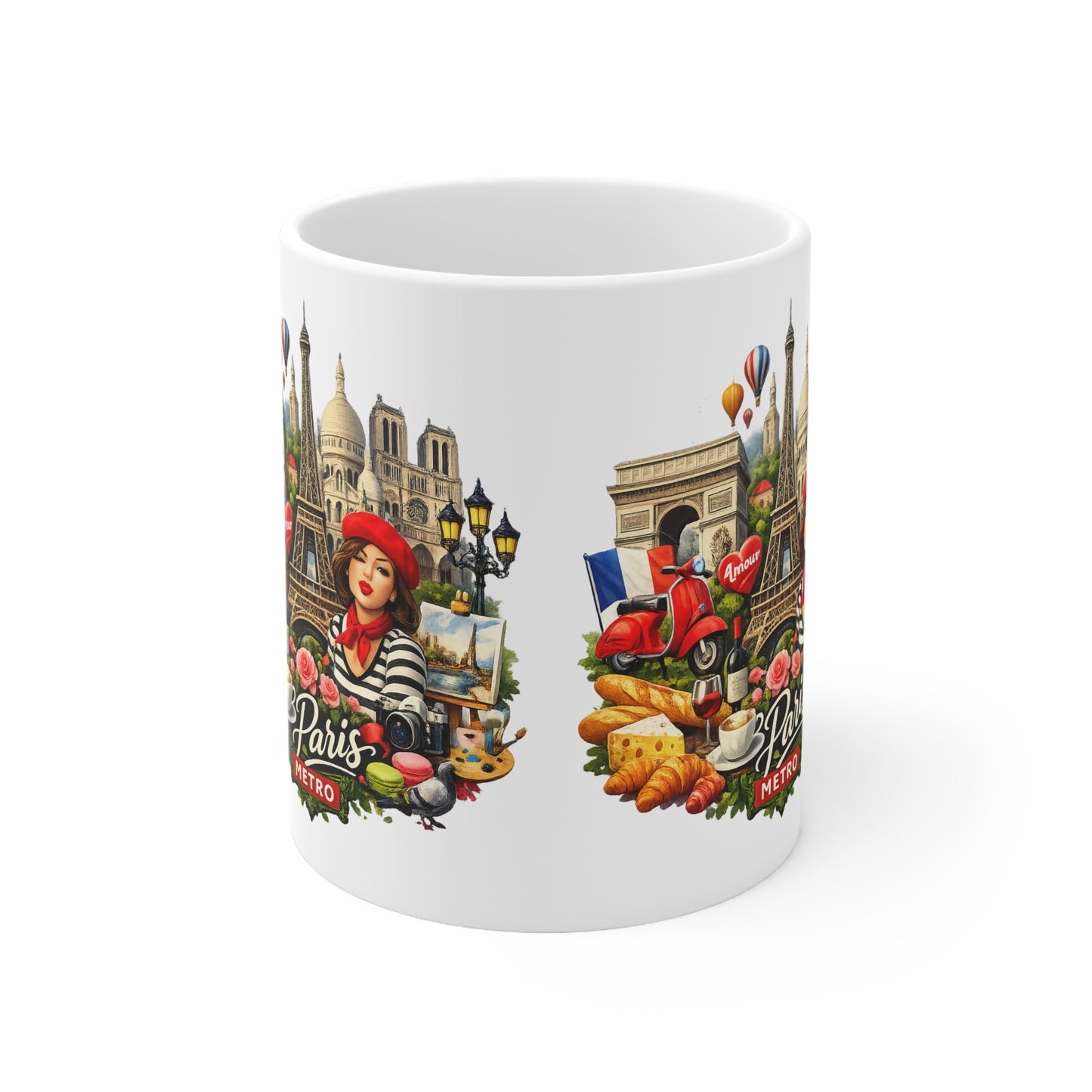 Paris landscape Ceramic Coffee Mug — Eiffel Tower, Baguettes & Metro Design (11oz/15oz)