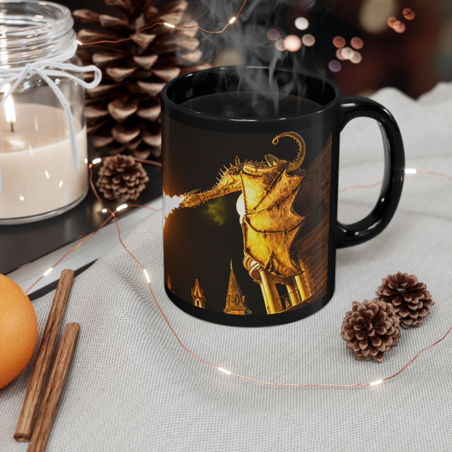 Golden Dragon Fire-Breathing Black Mug — Fantasy Castle Coffee Cup