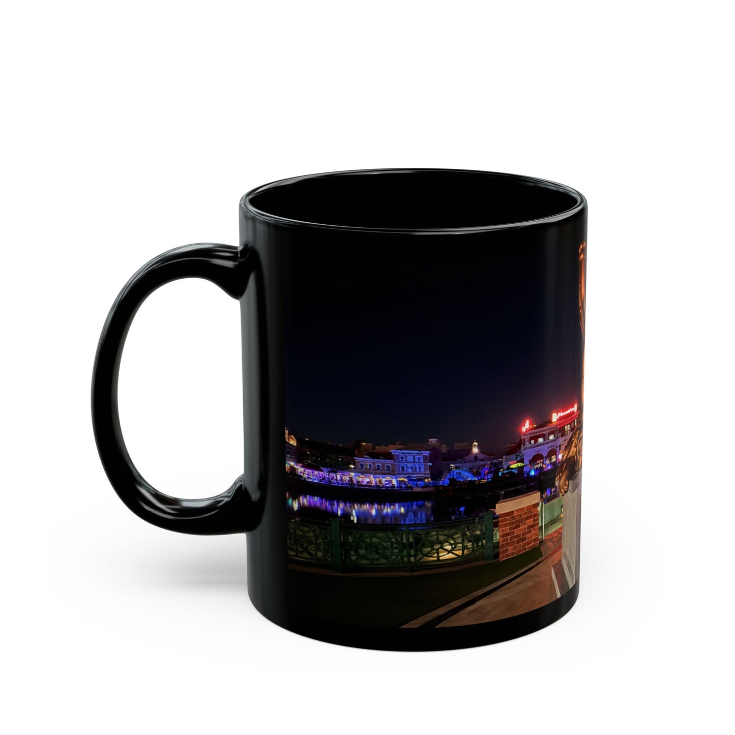 The Simpsons Photo Mug — University Statue & Campus Lights (Black 11oz/15oz)