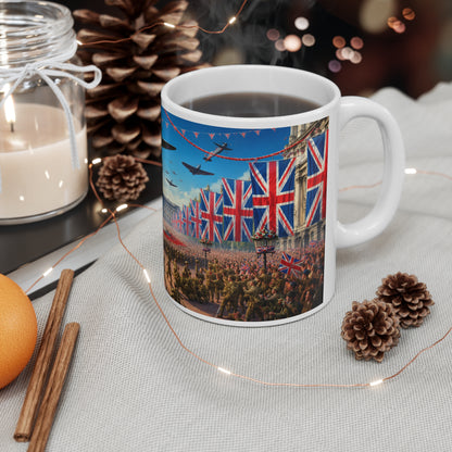 Union Jack Victory Parade Mug — Buckingham Palace Vintage WWII Commemorative Coffee Cup (11oz/15oz)