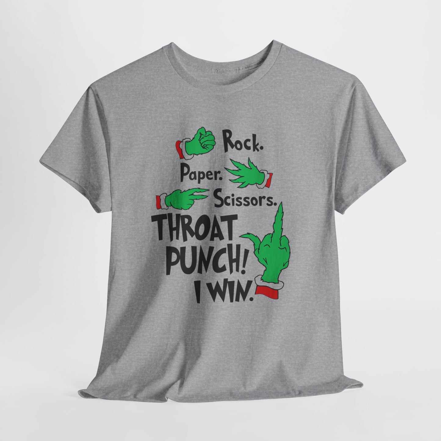 Funny Holiday Tee — "Rock. Paper. Scissors. Throat Punch! I Win" Graphic T-Shirt