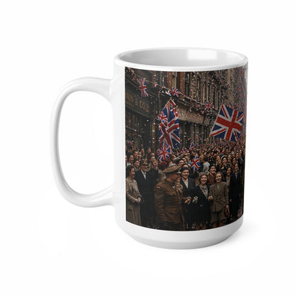 Union Jack Street Parade Mug — Vintage British Crowd Scene Ceramic Coffee Cup (11oz, 15oz)