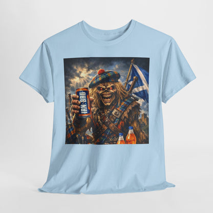 Scottish Rock Skull T‑Shirt — Eddie the Piper with Flag & Can Graphic Tee