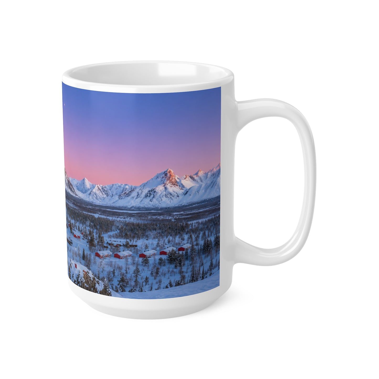 Scenic Winter Mountain Mug — Snowy Lodge Sunrise Ceramic Coffee Cup (11oz & 15oz)