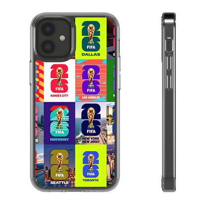 FIFA World Cup Pop Art Clear Phone Case — City Badge Collage (Dallas, LA, Monterrey, Toronto, Seattle)