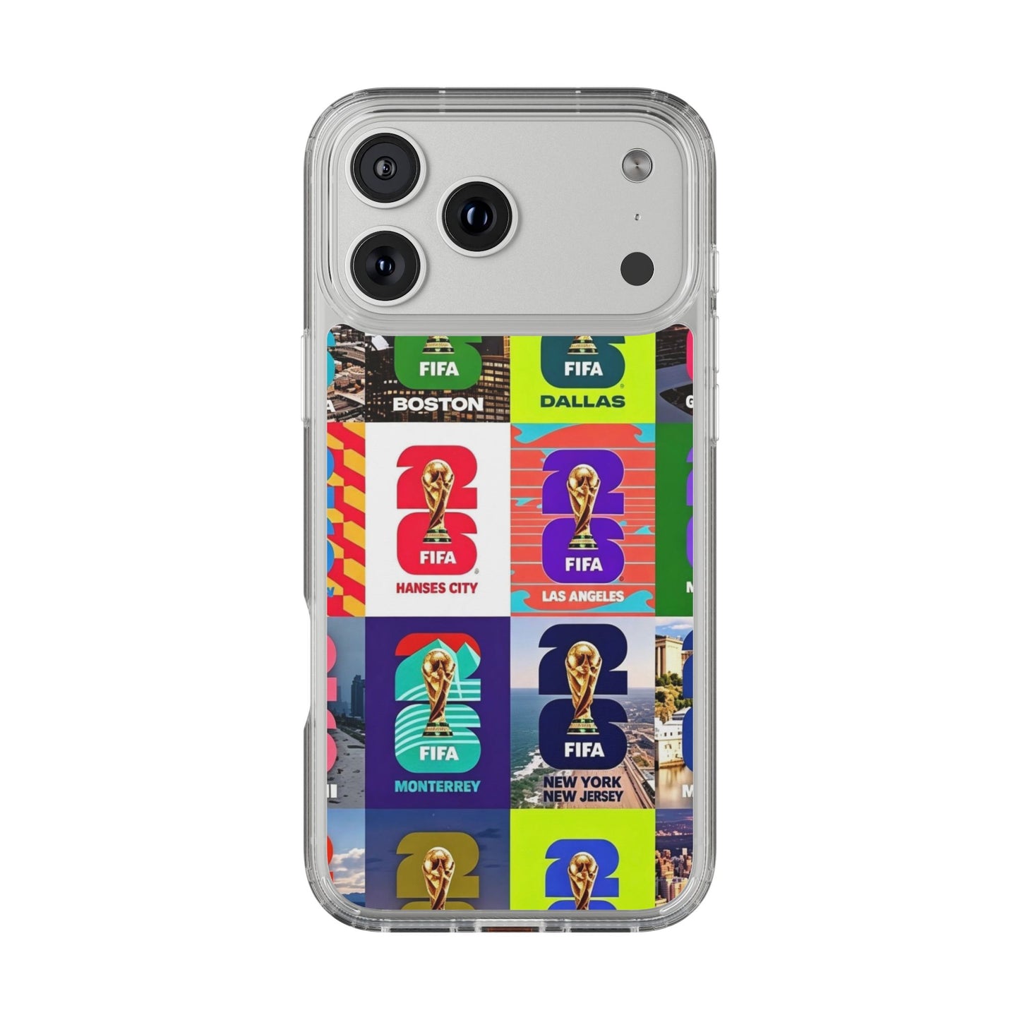 FIFA World Cup Pop Art Clear Phone Case — City Badge Collage (Dallas, LA, Monterrey, Toronto, Seattle)