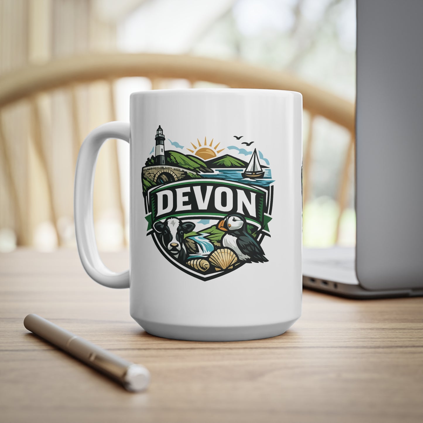 Devon Scenic Mug — Coastal Lighthouse, Puffin & Cow Ceramic Coffee Cup (11oz & 15oz)