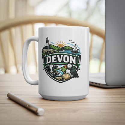 Devon Scenic Mug — Coastal Lighthouse, Puffin & Cow Ceramic Coffee Cup (11oz & 15oz)