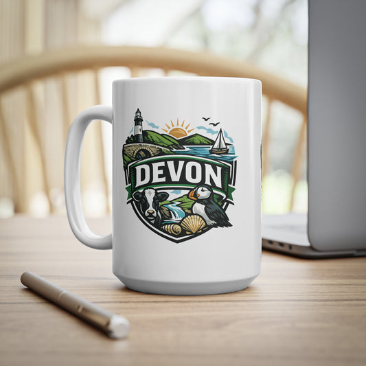 Devon Scenic Mug — Coastal Lighthouse, Puffin & Cow Ceramic Coffee Cup (11oz & 15oz)