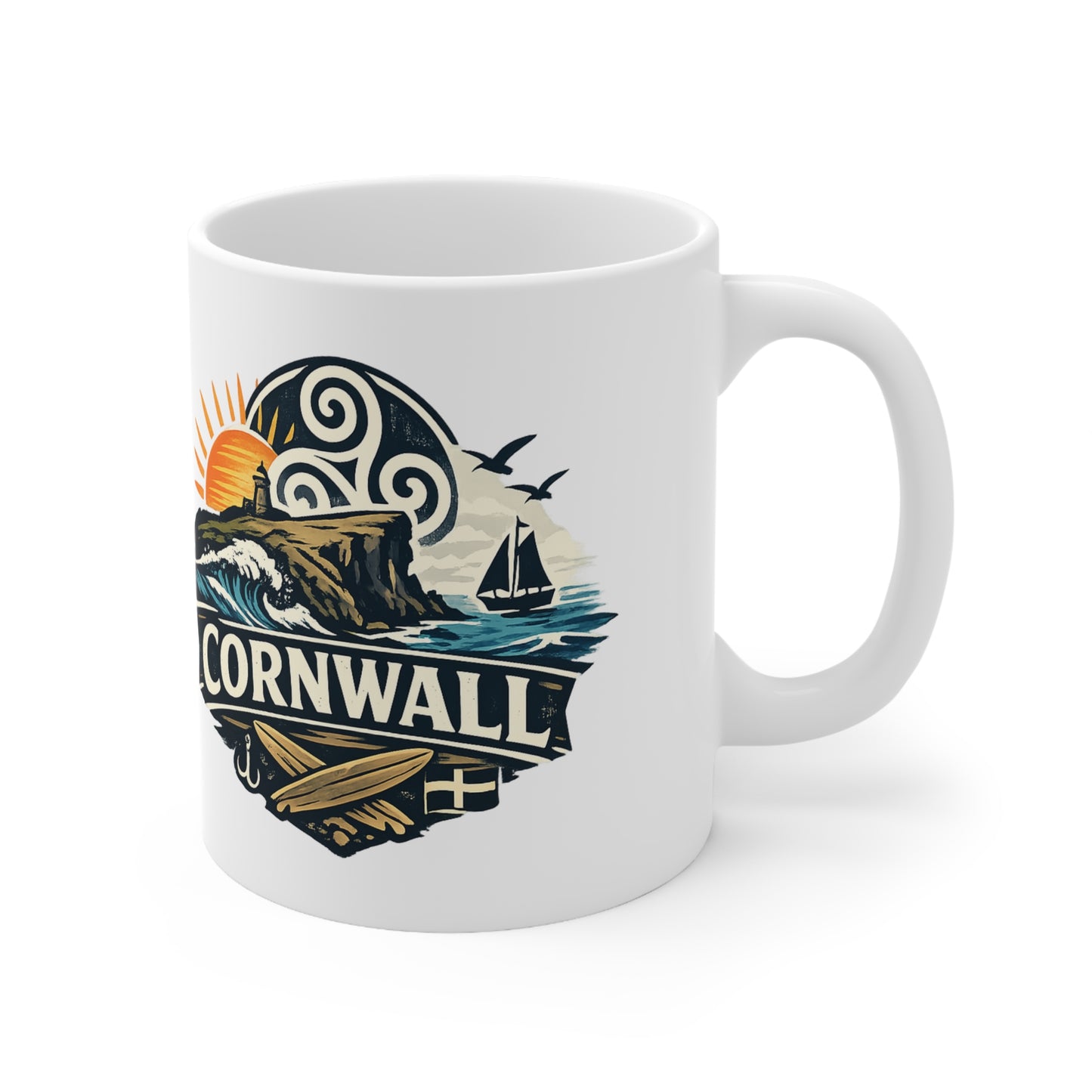 Cornwall Coastal Mug — Scenic Sunset Sail Ceramic Coffee Cup (11oz & 15oz)