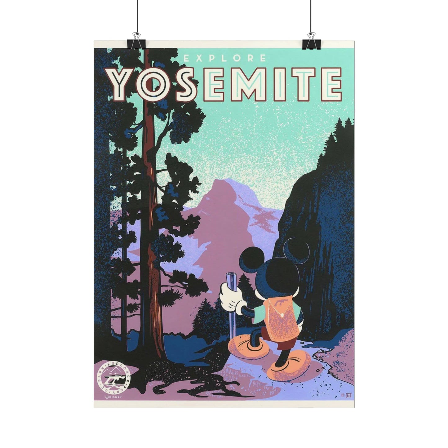 Yosemite Vintage Travel Poster — Mickey Mouse Hiking Rolled Poster