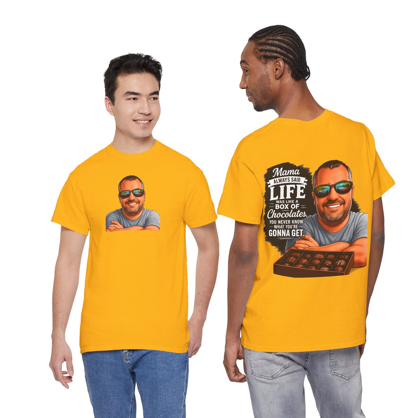 T-Shirt — "Mama Always Said Life Is Like A Box Of Chocolates" Graphic Tee (Funny Retro Portrait)
