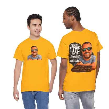 T-Shirt — "Mama Always Said Life Is Like A Box Of Chocolates" Graphic Tee (Funny Retro Portrait)