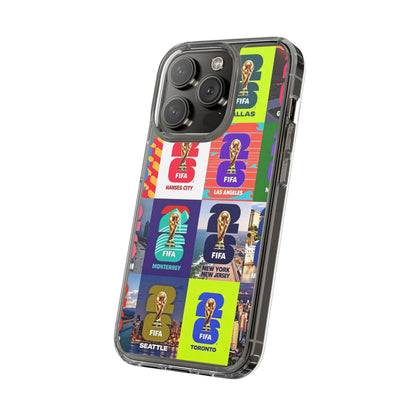 FIFA World Cup Pop Art Clear Phone Case — City Badge Collage (Dallas, LA, Monterrey, Toronto, Seattle)