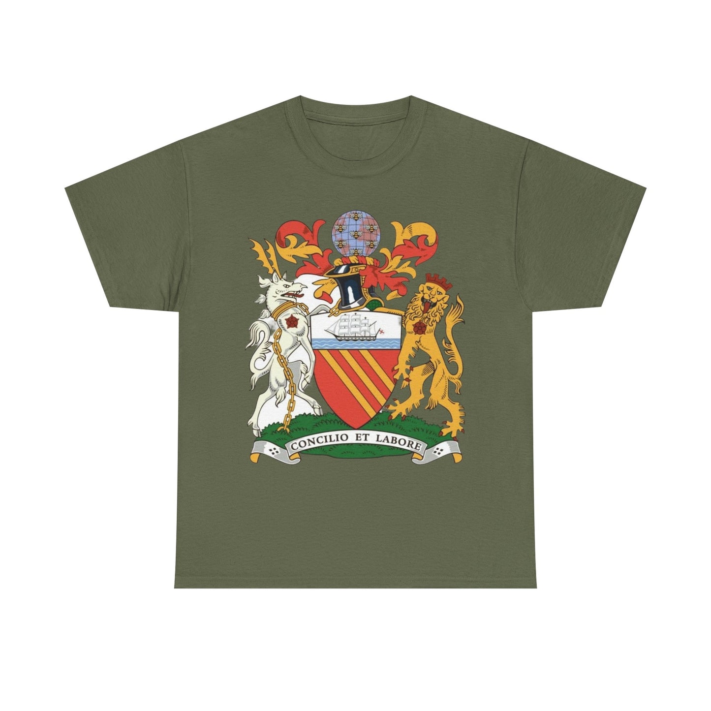 Manchester Coat of Arms Crest T‑Shirt — Heraldic Family Shield Tee with 'Concilio et Labore' Banner