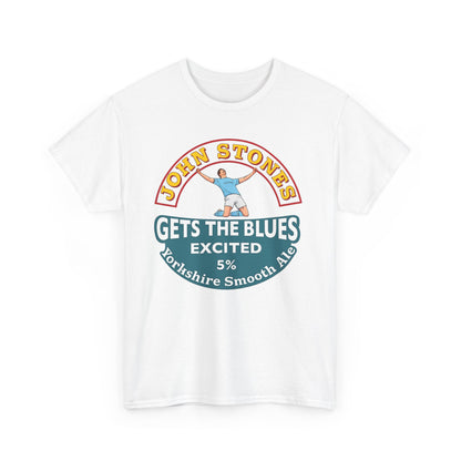 John Stones T-Shirt — "Gets The Blues Excited" Retro Ale Parody Tee