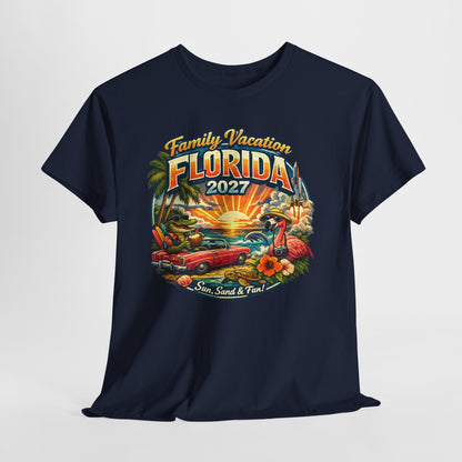 Florida Family Vacation 2027 T-Shirt — Retro Sunset Beach Design