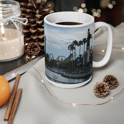 Universal IOA Theme Park Skyline Ceramic Mug — Roller Coaster Harbor Photo (11oz & 15oz)