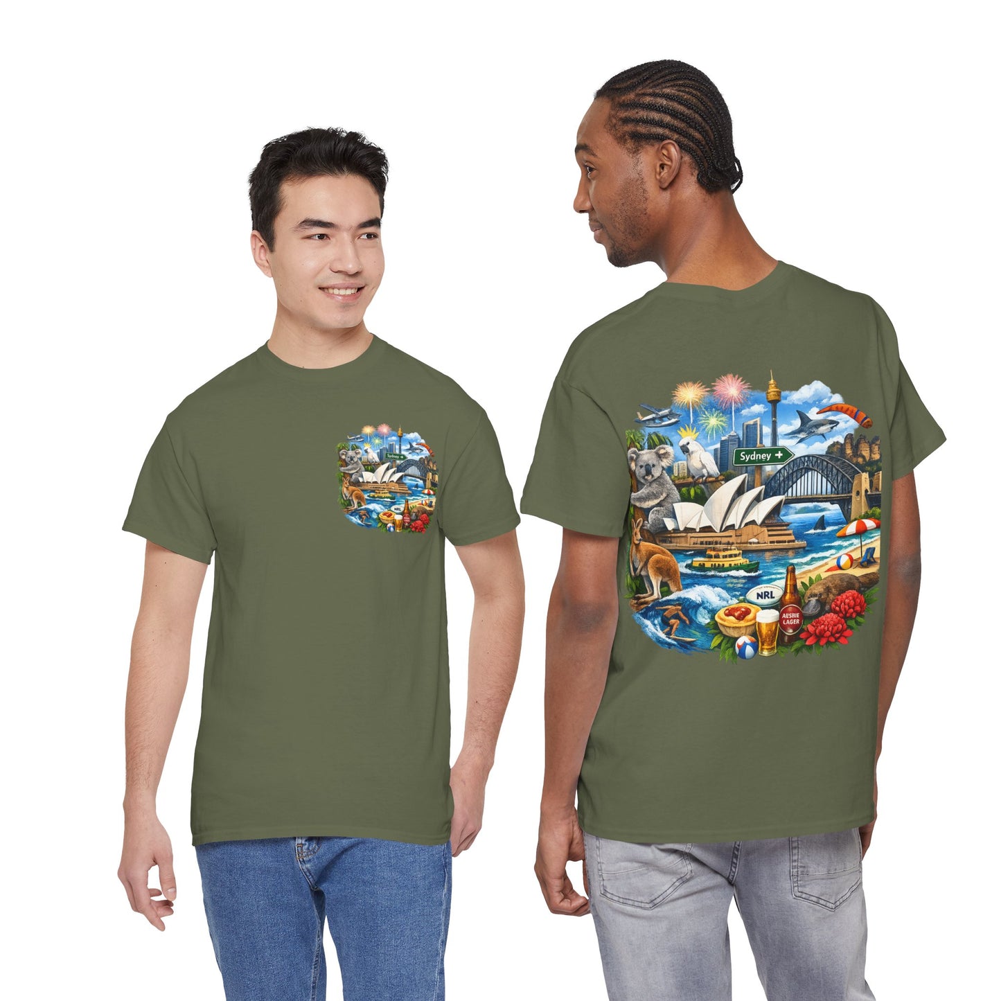 T-Shirt — Sydney Landmark Collage Tee (Opera House, Harbour Bridge, Koala & Beach Scene)