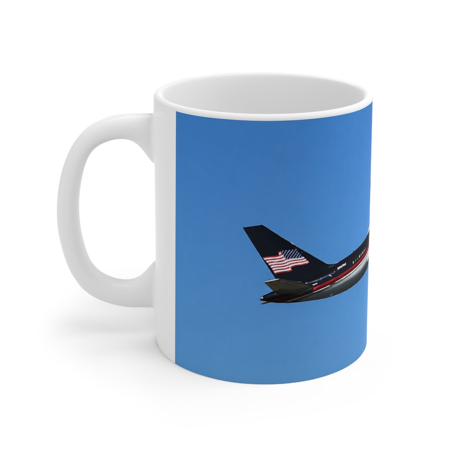 Trump Airplane Photo Ceramic Mug — Blue Sky Jet Coffee Cup (11oz & 15oz)