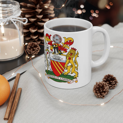 Manchester Coat of Arms Ceramic Coffee Mug — 11oz & 15oz Crest Mug ("Concilio et Labore")