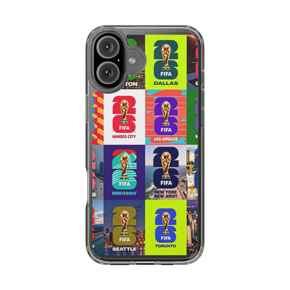 FIFA World Cup Pop Art Clear Phone Case — City Badge Collage (Dallas, LA, Monterrey, Toronto, Seattle)