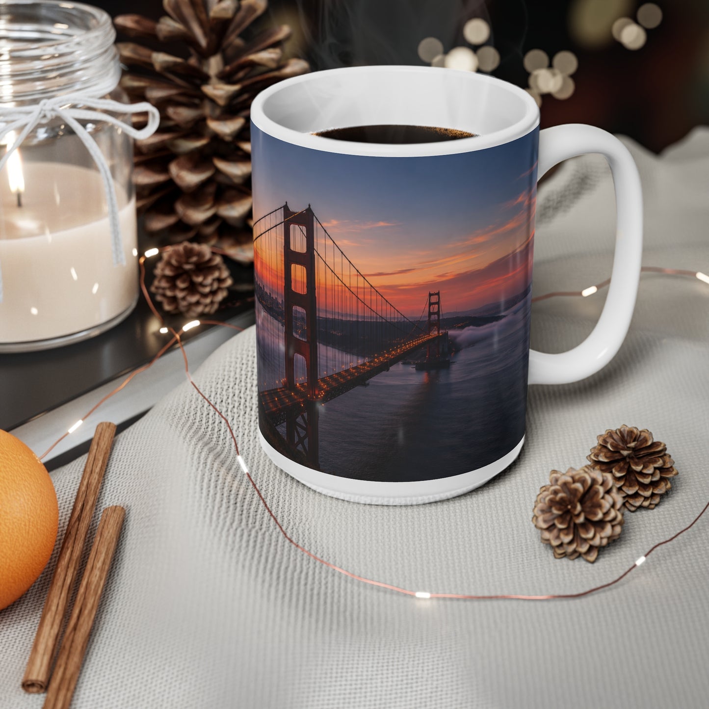 Golden Gate & Flag Sunrise Coffee Mug — San Francisco Sunset Ceramic Cup (11oz/15oz)