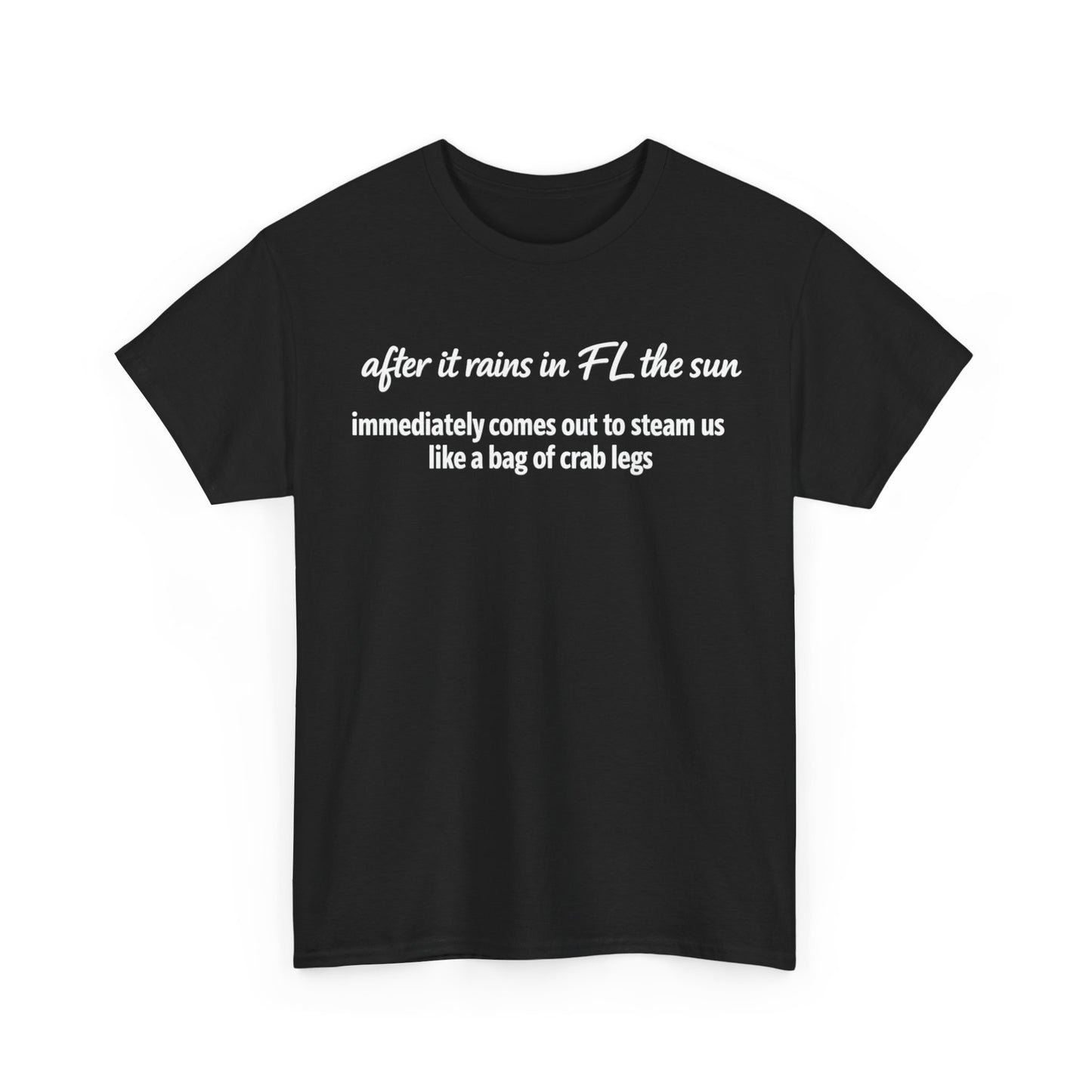 Florida Heat Tee — "after it rains in FL the sun immediately comes out to steam us like a bag of crab legs"