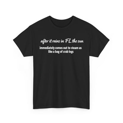 Florida Heat Tee — "after it rains in FL the sun immediately comes out to steam us like a bag of crab legs"