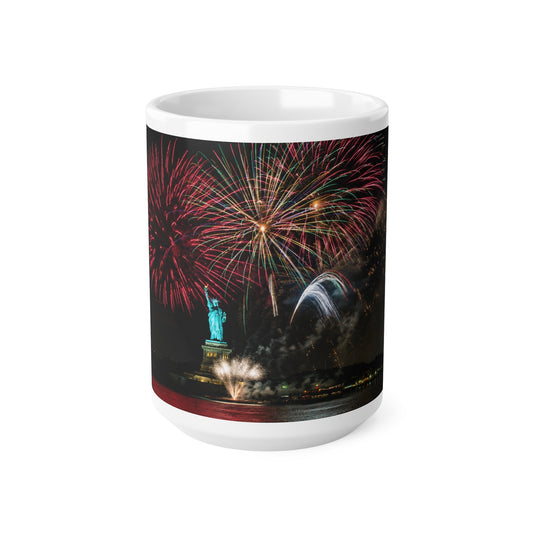 Statue of Liberty Fireworks Coffee Mug — Patriotic New York Night Skyline 11oz/15oz