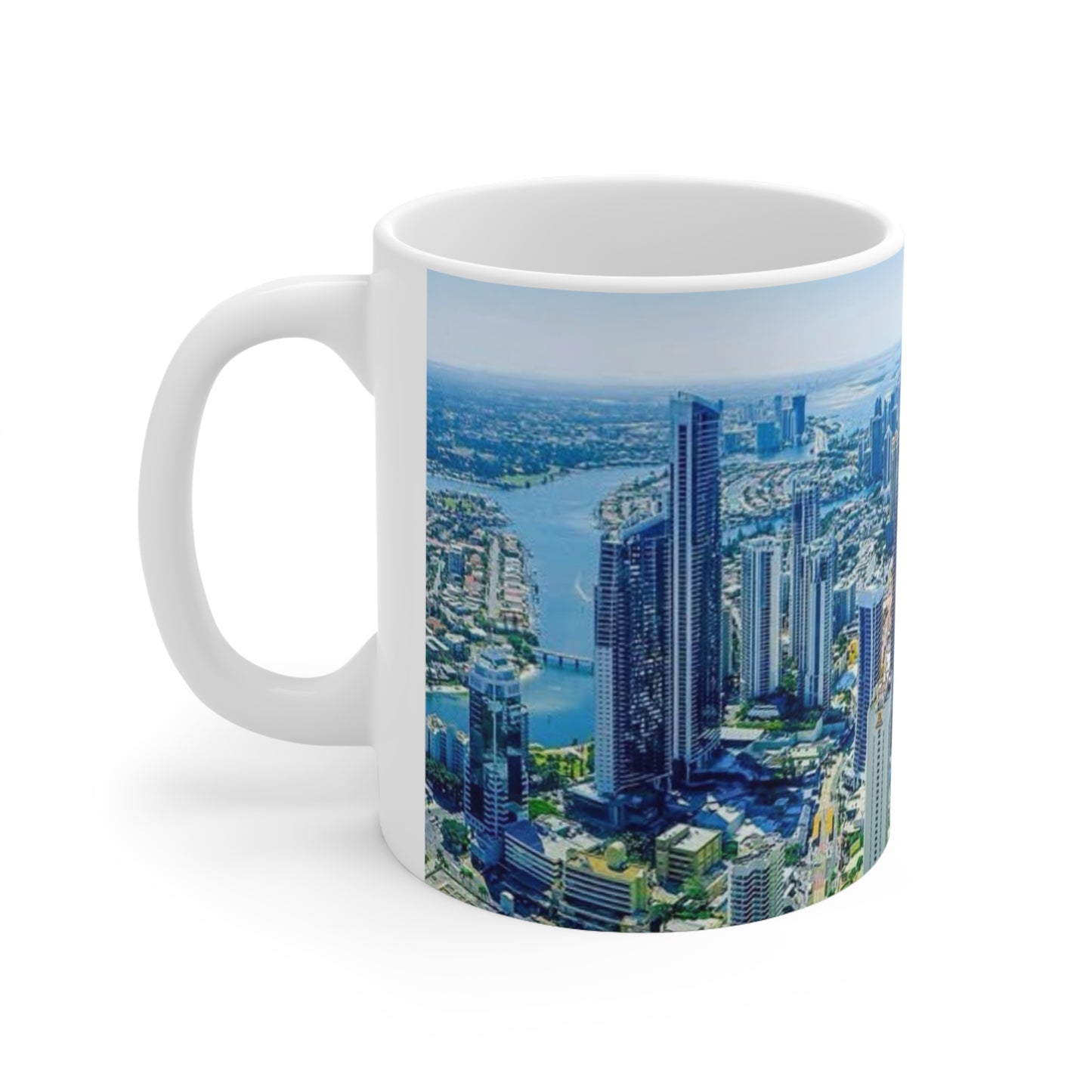 Coastal City Skyline Ceramic Coffee Mug — Aerial Beachfront Cityscape 11oz/15oz
