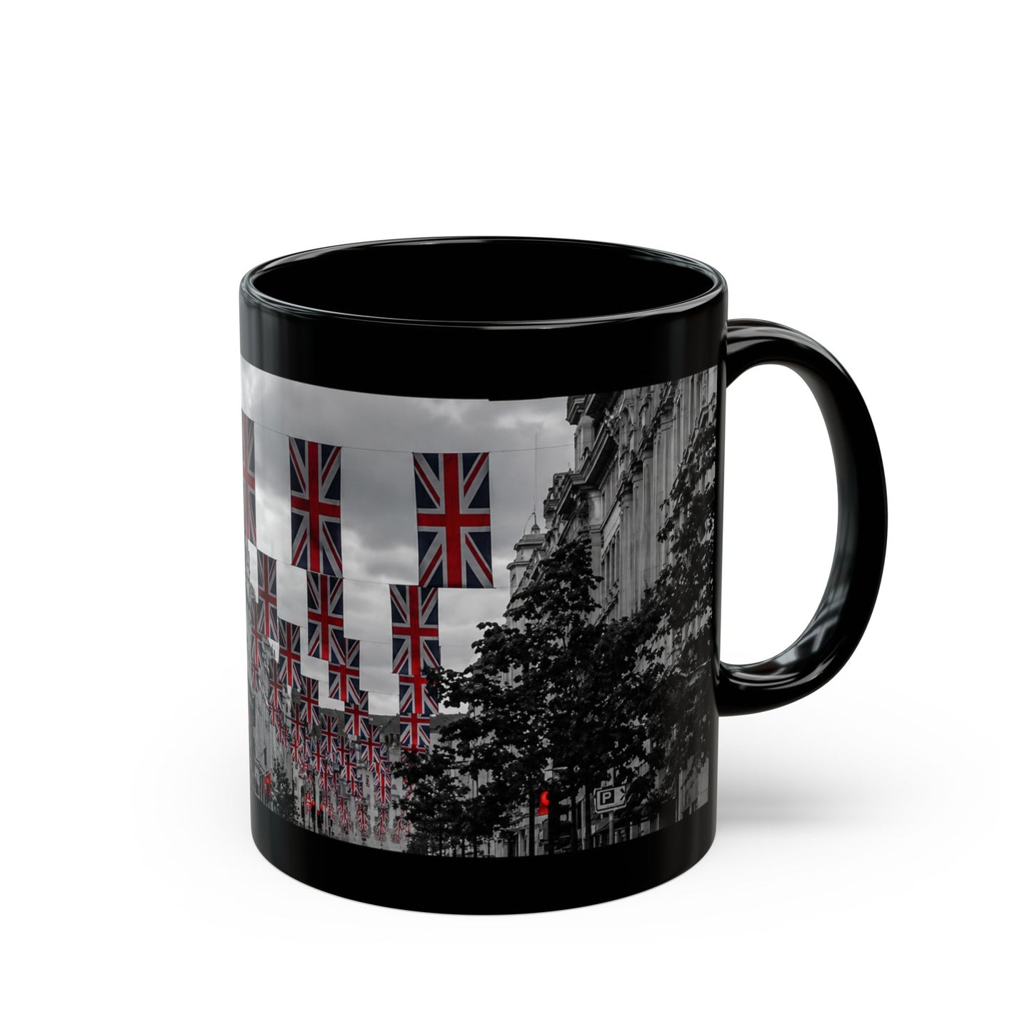 London Street Union Jack Street Scene Black Mug (11oz, 15oz) — London Flags Coffee Cup