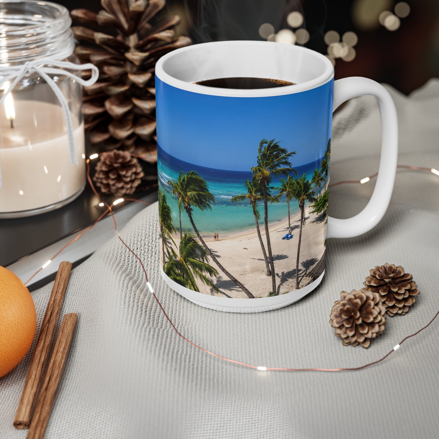 Barbados Beach Palm Trees Coffee Mug — Tropical Ocean Panorama Ceramic Mug (11oz & 15oz)