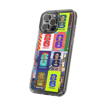 FIFA World Cup Pop Art Clear Phone Case — City Badge Collage (Dallas, LA, Monterrey, Toronto, Seattle)
