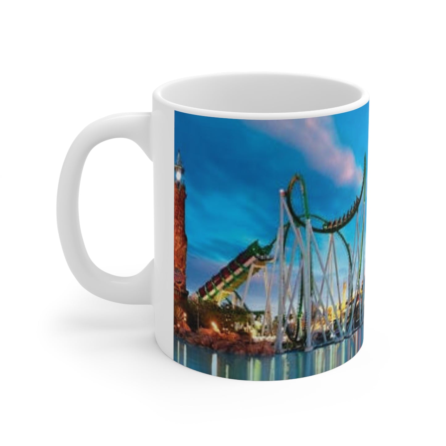 Orlando Theme Park Nightscape Ceramic Mug — Colorful Roller Coaster Skyline (11oz & 15oz)