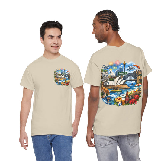 T-Shirt — Sydney Landmark Collage Tee (Opera House, Harbour Bridge, Koala & Beach Scene)