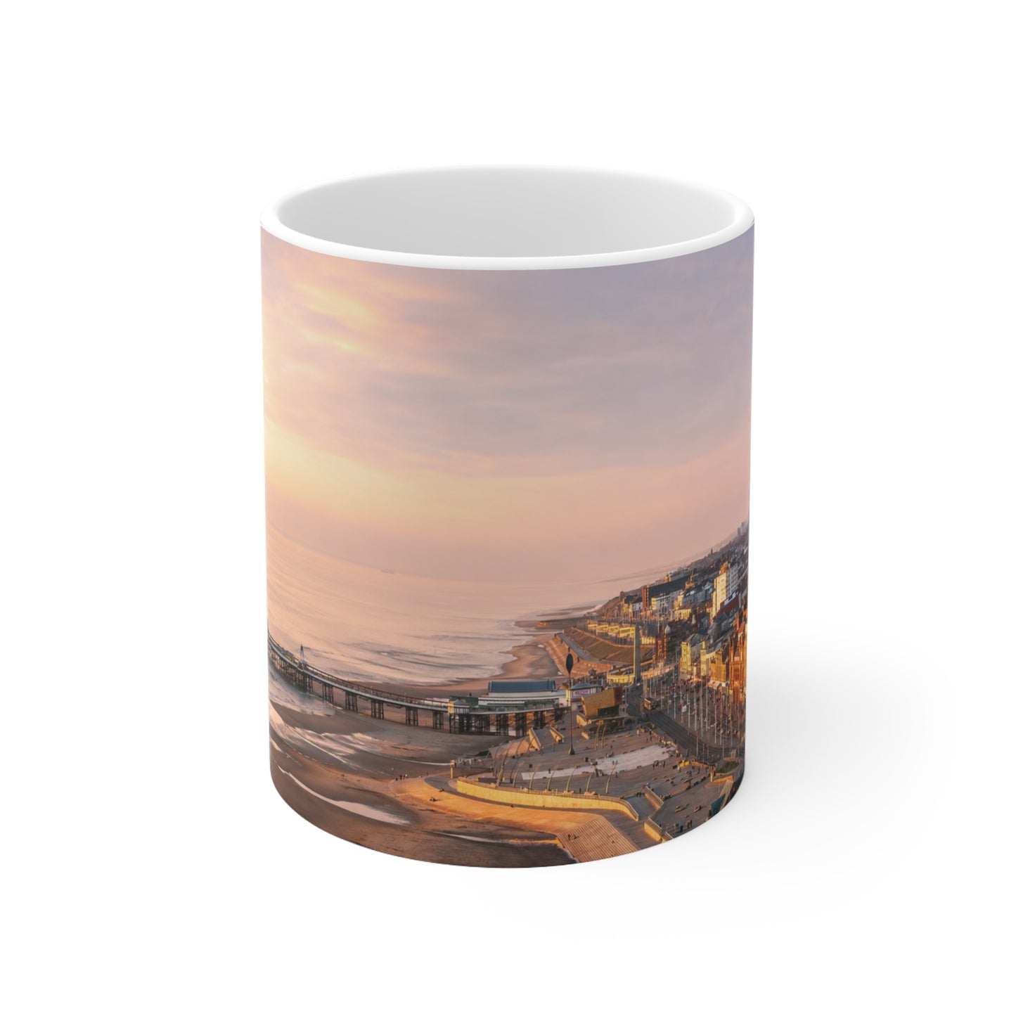 Blackpool Sunset Pier Ceramic Coffee Mug — Coastal Seaside Sunrise Photo, 11oz & 15oz