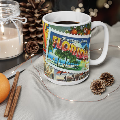 Florida Postcard Ceramic Coffee Mug — 'Greetings from Florida' Retro Travel Design (11oz & 15oz)