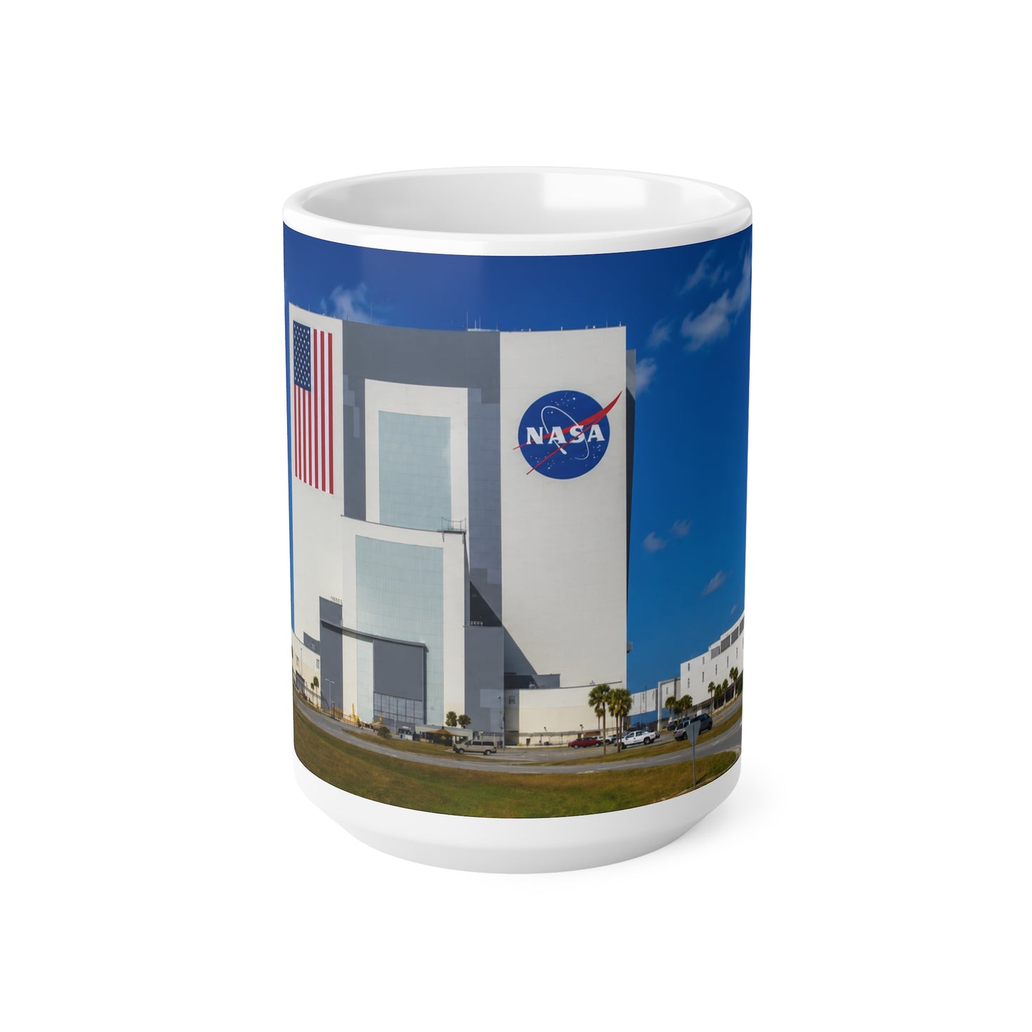 NASA Vehicle Assembly Building Photo Mug — American Flag Kennedy Space Center Souvenir (11oz & 15oz)