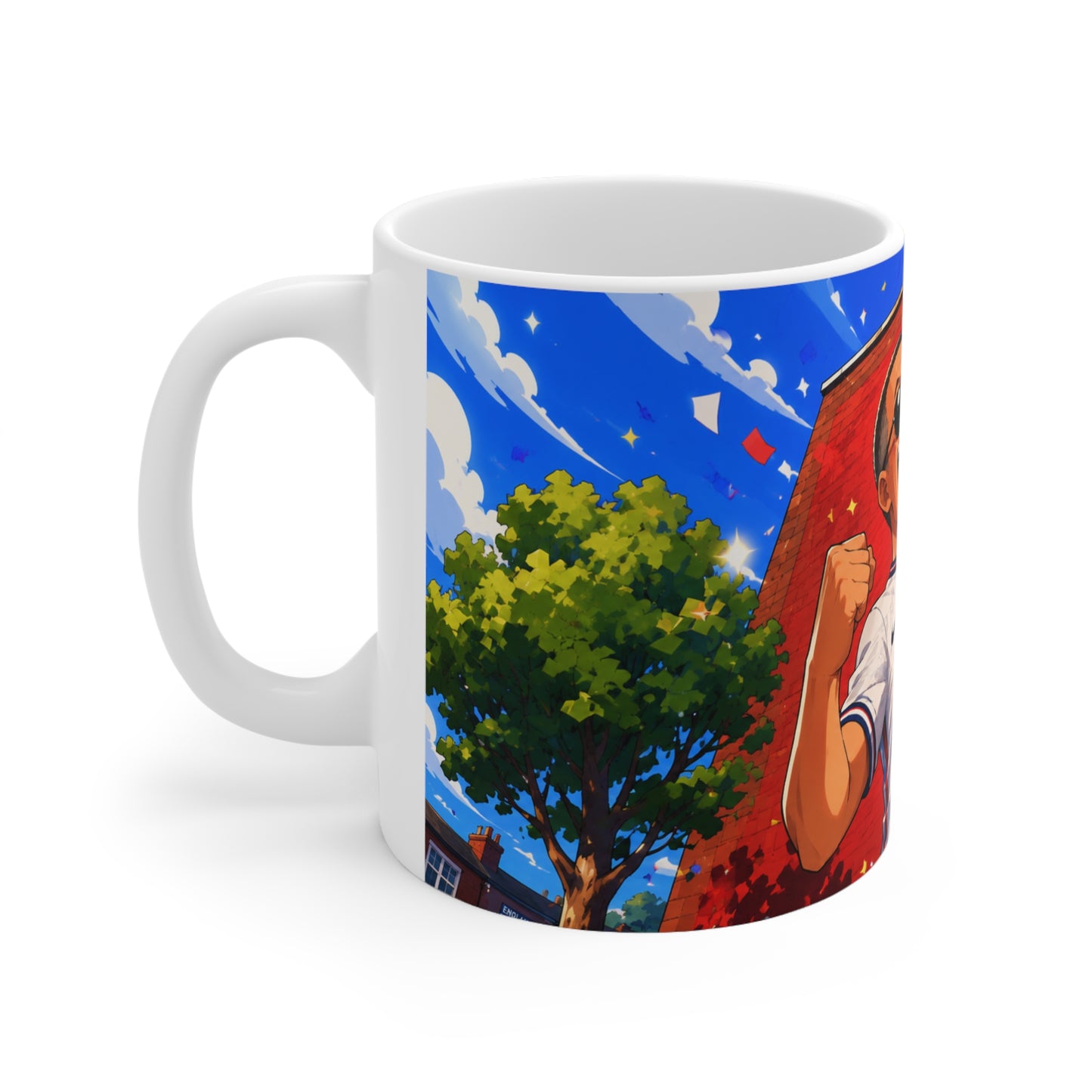 England Football Fan Mug — Celebratory Soccer Player Illustration, Ceramic 11oz & 15oz