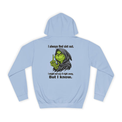 Funny Grinch Hoodie — "I always find s**t out. I might not say it right away, But I know." Christmas Humor