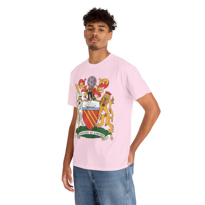 Manchester Coat of Arms Crest T‑Shirt — Heraldic Family Shield Tee with 'Concilio et Labore' Banner