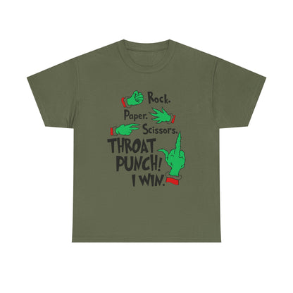 Funny Holiday Tee — "Rock. Paper. Scissors. Throat Punch! I Win" Graphic T-Shirt