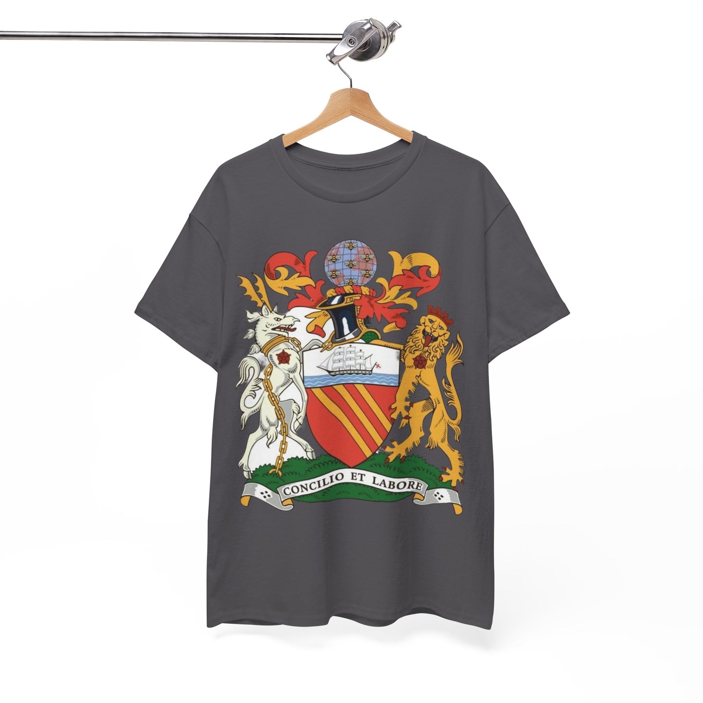 Manchester Coat of Arms Crest T‑Shirt — Heraldic Family Shield Tee with 'Concilio et Labore' Banner
