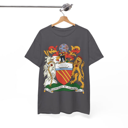 Manchester Coat of Arms Crest T‑Shirt — Heraldic Family Shield Tee with 'Concilio et Labore' Banner